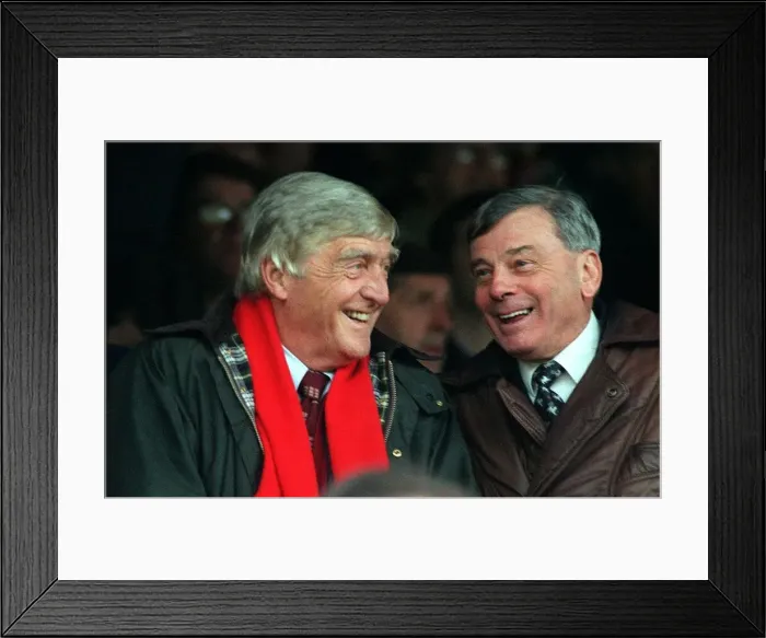 Framed Print : Michael Parkinson TV Presenter and Harold Dickie Bird former cricket umpire share a joke