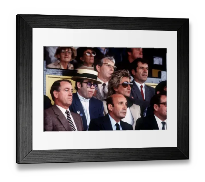 Framed Print : Elton John and Rod Stewart enjoy a football match at Watford Framed Print : Elton John and Rod Stewart enjoy a football match at Watford
