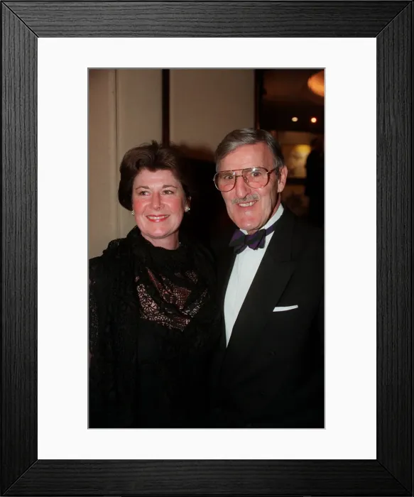 Framed Print : Jimmy Hill Football Commentator December 1997 With unknown woman Framed Print : Jimmy Hill Football Commentator December 1997 With unknown woman