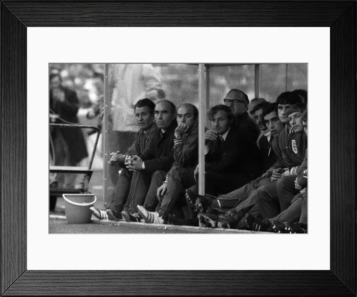 Framed Print : West Germany v England Football May 1972 England Bench watching match - LEFT Harold