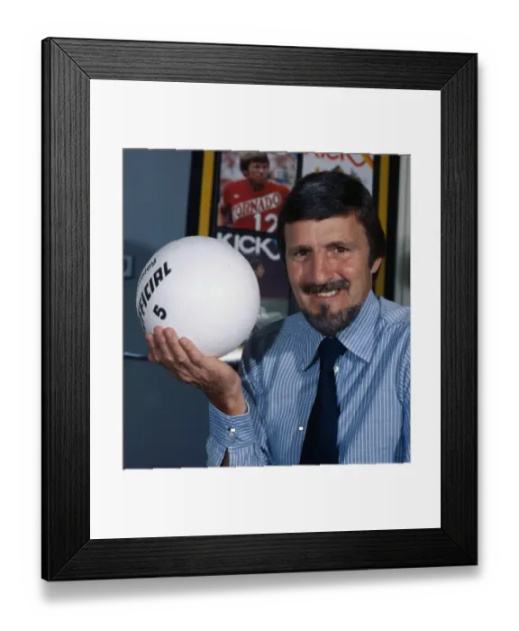Framed Print : Jimmy Hill former football player 1975 Television presenter holding white number 5