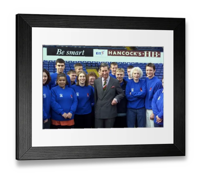 Framed Print : Prince Charles with Princess Trust Volunteer December 1998 at Cardiff City football