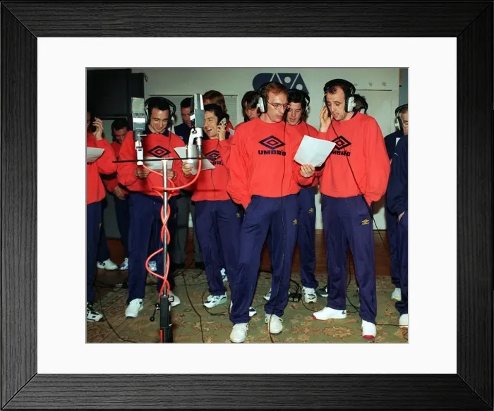Framed Print : Scotland team recording Scottish football team singing the backing to Rod Stewart Framed Print : Scotland team recording Scottish football team singing the backing to Rod Stewart