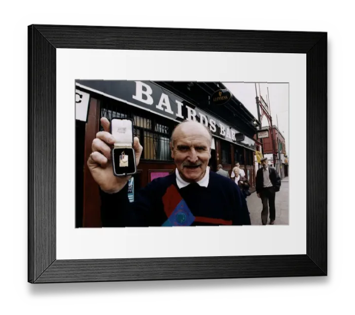 Framed Print : Willie O Neill ex Celtic player holding the European Cup Medal he won playing as one Framed Print : Willie O Neill ex Celtic player holding the European Cup Medal he won playing as one