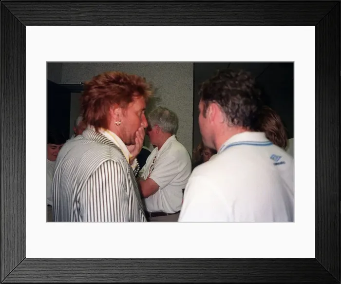 Framed Print : Rod Stewart pop singer talking to unnamed man Scotland football tour USA pre Euro