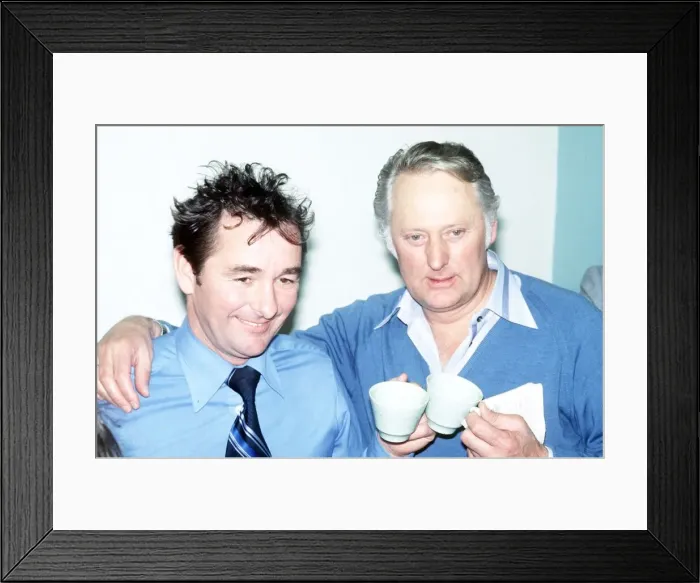 Framed Print : Brian Clough Football manager of Derby County with his assistant Peter Taylor holding tea Framed Print : Brian Clough Football manager of Derby County with his assistant Peter Taylor holding tea
