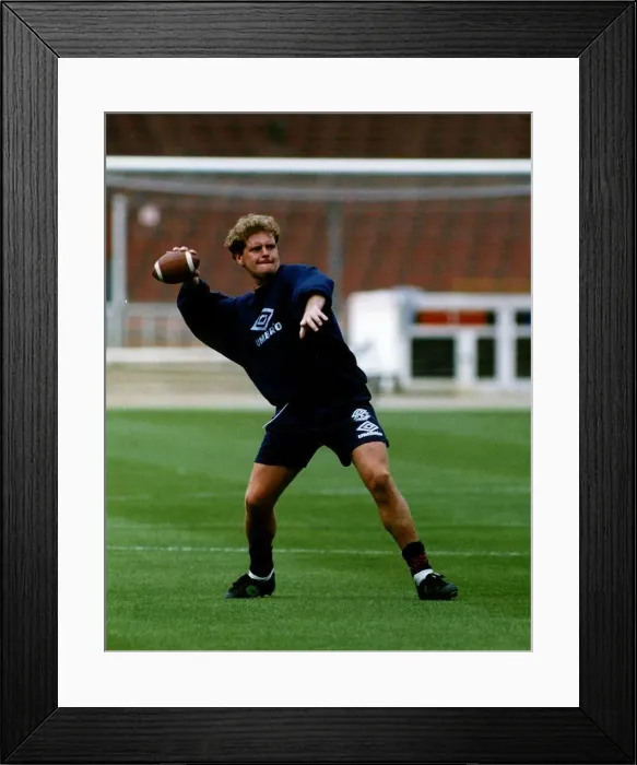 Framed Print : Paul Gascoigne Footballer Throws A Rugby Ball During Training Dbase Framed Print : Paul Gascoigne Footballer Throws A Rugby Ball During Training Dbase