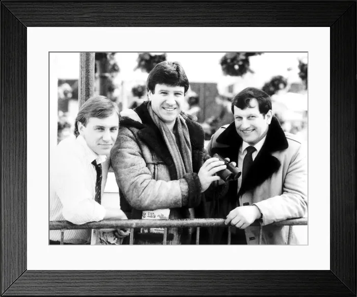 Framed Print : Emlyn Hughes Liverpool footballer April 1986 with jockeys Bob Champion right Framed Print : Emlyn Hughes Liverpool footballer April 1986 with jockeys Bob Champion right