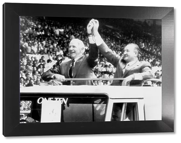 Sir Matt Busby and Bob Paisley salute the crowd at Wembley 1983 before the Charity