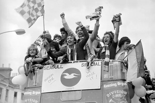 Football Players of Brighton FC - May 1979 on board an open top bus