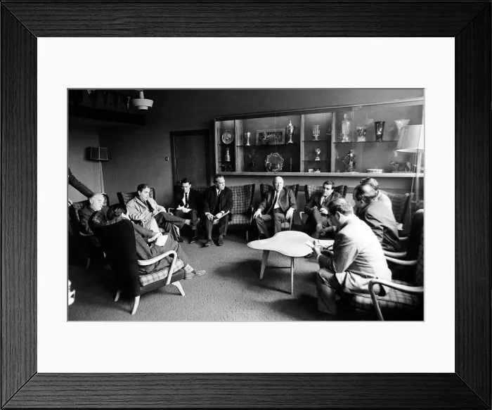 Framed Print : Matt Busby manager of Manchester United at a Press Conference after winning the League