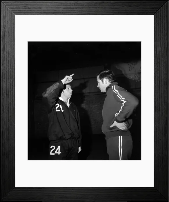 Framed Print : Manchester United assistant manager Wilf Mcguiness talks with Nobby Stiles during a Framed Print : Manchester United assistant manager Wilf Mcguiness talks with Nobby Stiles during a