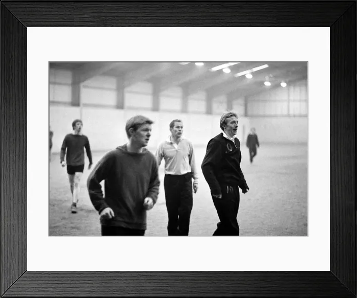 Framed Print : Manchester United Training Indoors-Dennis Law and Wilf Mcguiness Febuary 1969 Framed Print : Manchester United Training Indoors-Dennis Law and Wilf Mcguiness Febuary 1969