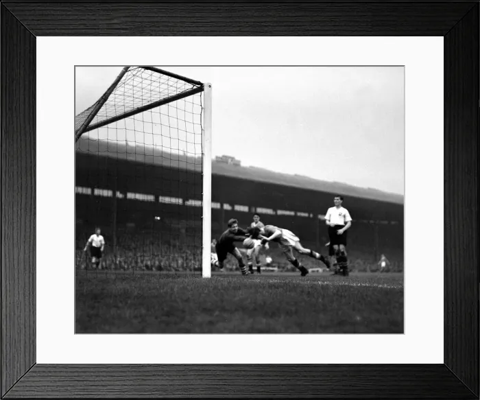Framed Print : Manchester United versus Preston North End Dennis Viollet leaps to score the thrd Framed Print : Manchester United versus Preston North End Dennis Viollet leaps to score the thrd