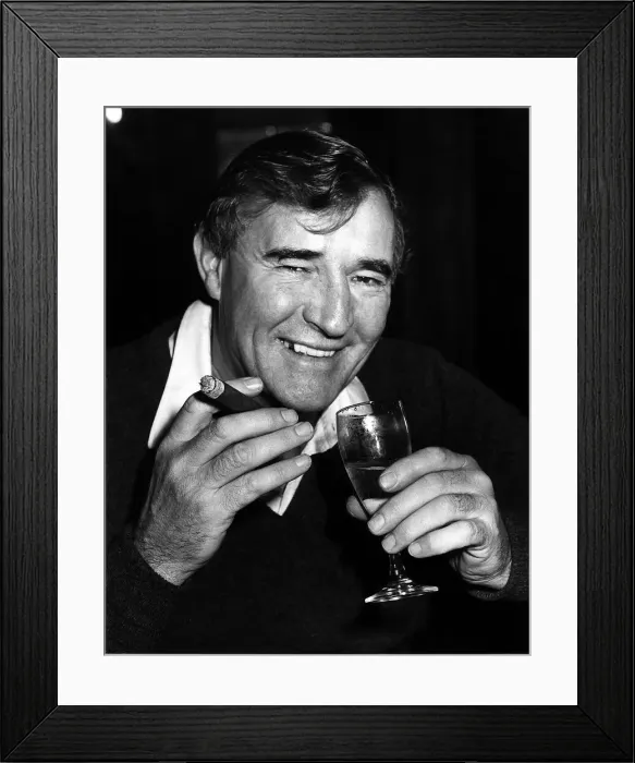 Framed Print : Football manager Malcolm Allison with a cigar and a glass of wine. Circa 1975 Framed Print : Football manager Malcolm Allison with a cigar and a glass of wine. Circa 1975
