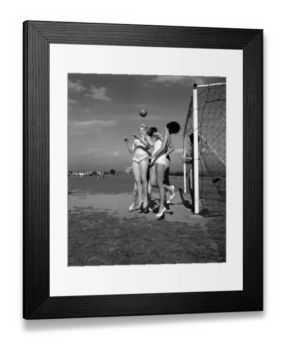 Framed Print : Beauty contest girls playing football at Filey. 30th August 1960 Framed Print : Beauty contest girls playing football at Filey. 30th August 1960