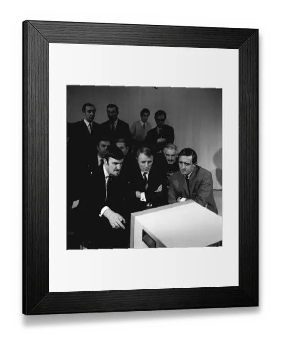 Framed Print : Jimmy Hill, Tommy Docherty and Derek Healey watching the football match between QPR Framed Print : Jimmy Hill, Tommy Docherty and Derek Healey watching the football match between QPR