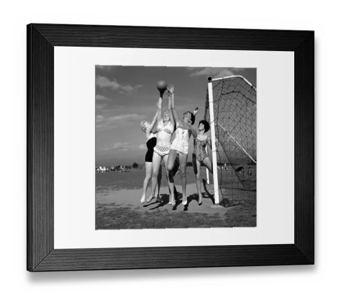 Framed Print : Beauty contest girls playing football at Filey. 30th August 1960 Framed Print : Beauty contest girls playing football at Filey. 30th August 1960