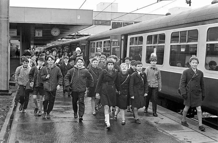 Framed Print : Around 1, 200 schoolchildren walking along the platform to board one of two special Framed Print : Around 1, 200 schoolchildren walking along the platform to board one of two special