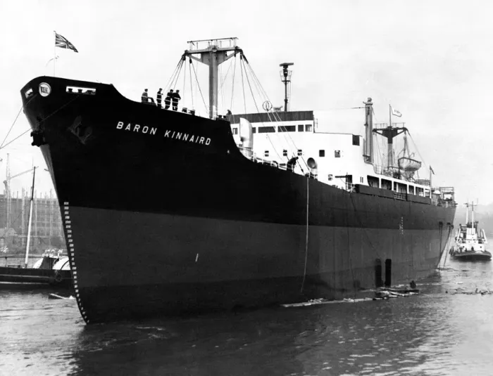 Framed Print : The 11, 800-ton cargo ship Baron Kinnaird slides down the slipway at the shipyard of Framed Print : The 11, 800-ton cargo ship Baron Kinnaird slides down the slipway at the shipyard of