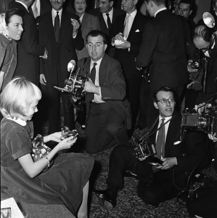 Framed Print : 12-year-old actress Hayley Mills holds a press conference at the Leicester Square Theatre Framed Print : 12-year-old actress Hayley Mills holds a press conference at the Leicester Square Theatre