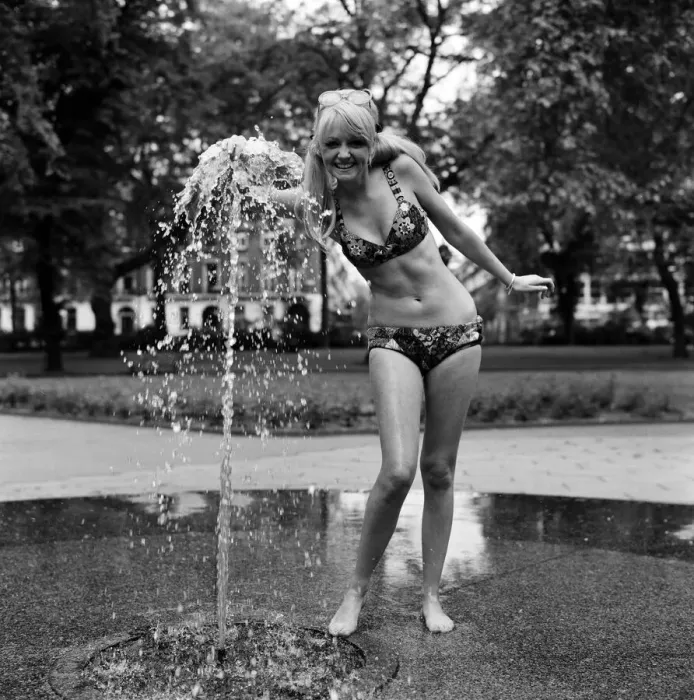Framed Print : 18 year old Karen Kerr wearing a patchwork bikini made by the Womens Institute