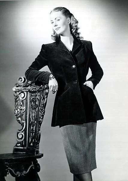 1940s fashion shoot Suit designed by Dorville: brown corduroy jacket
