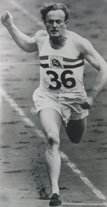 Framed Print : 1948 London Olympics A British competitor in crosses the finish line during