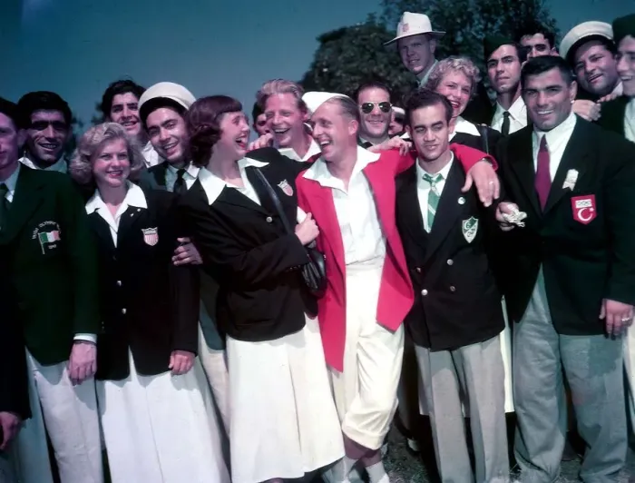 Framed Print : 1948 London Olympics in Colour Competitors from all the nations seen here joking Framed Print : 1948 London Olympics in Colour Competitors from all the nations seen here joking