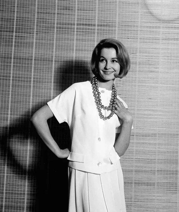Framed Print : 1960s Fashion Clothing April 1961 Sandra Paul Model Pictured wearing white suit Framed Print : 1960s Fashion Clothing April 1961 Sandra Paul Model Pictured wearing white suit