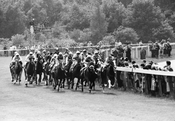 Framed Print : 1965 Epsom Derby horse race. Action at the seventh furlong post with French horse Framed Print : 1965 Epsom Derby horse race. Action at the seventh furlong post with French horse
