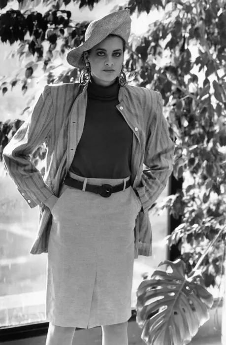 Framed Print : 1980s Womens Fashion: Our model wears a waist high belted skirt a stripe jacket over Framed Print : 1980s Womens Fashion: Our model wears a waist high belted skirt a stripe jacket over