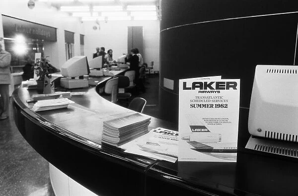 A 1982 Laker brochure stands on the counter of an empty booking office at Victoria