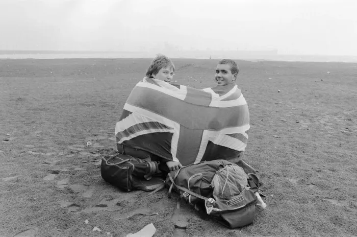 Framed Print : 1982 World Cup Finals in Spain. English fans wrapped in a Union Jack flag on a Framed Print : 1982 World Cup Finals in Spain. English fans wrapped in a Union Jack flag on a