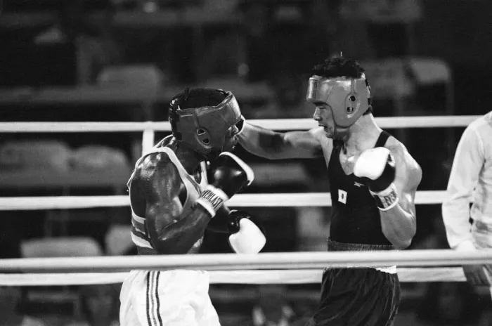 Framed Print : The 1984 Summer Olympics in Los Angeles. Boxing - Rod Douglas v Chiharu Ogiwara Framed Print : The 1984 Summer Olympics in Los Angeles. Boxing - Rod Douglas v Chiharu Ogiwara
