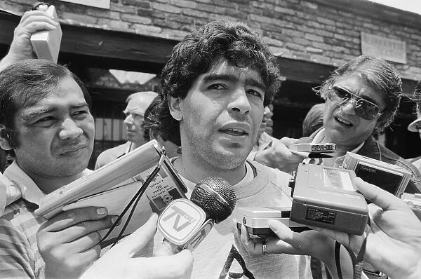 1986 World Cup Finals in Mexico. Argentina footballer Diego Maradona speaks to
