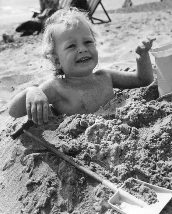 Framed Print : 3 year old Bradley Hook up to his arm-pits in the sand at Bournemouth. April 1971 P023604 Framed Print : 3 year old Bradley Hook up to his arm-pits in the sand at Bournemouth. April 1971 P023604