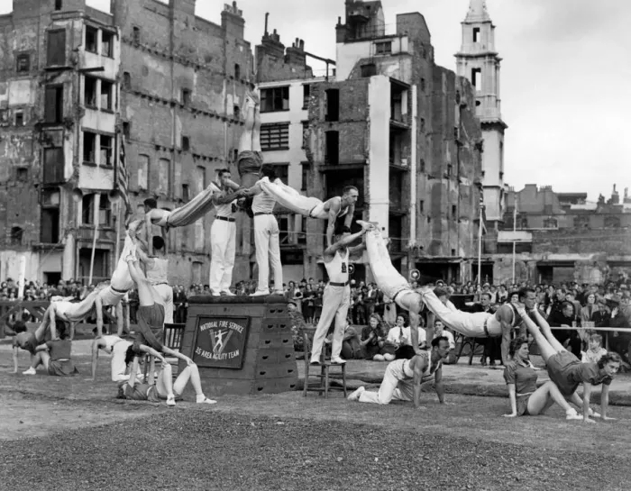 Framed Print : 35 Fire Force Area Agility team giving a display on a bomb site in London