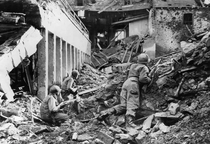 Framed Print : 4th Division riflemen search for Nazi snipers after taking the German town of Prum Framed Print : 4th Division riflemen search for Nazi snipers after taking the German town of Prum