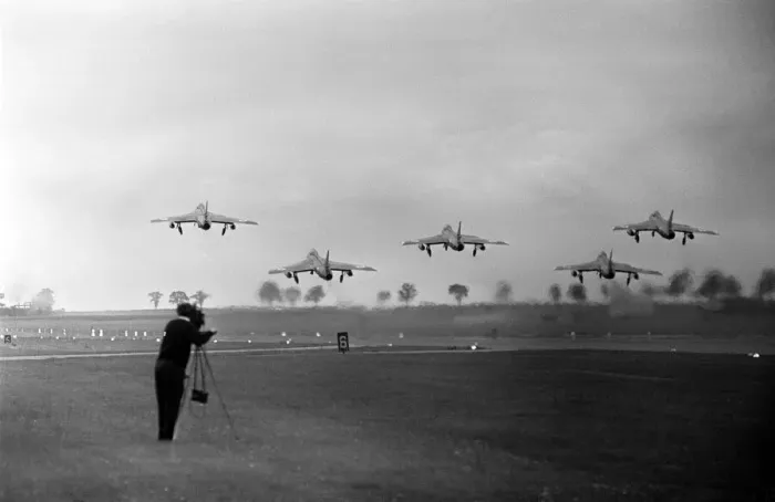 Framed Print : 5 Hawker Hunter Fighters take off at RAF Station Wittering 16th July 1963