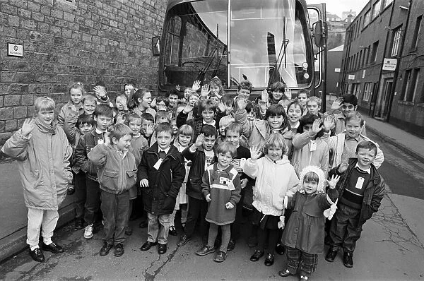 Some 50 children whose parents work at Peabody Holmes about to board the coach to see Ken