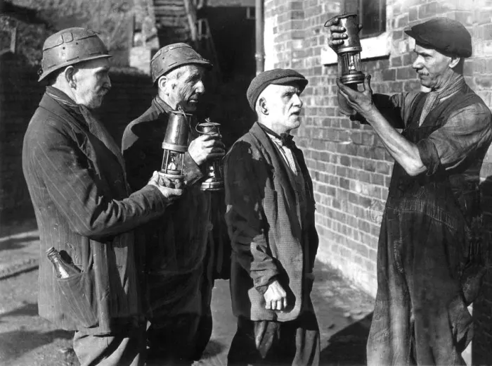 Framed Print : Three of the 55 miners who retired from the Betty and Ann pits have their lamps checked Framed Print : Three of the 55 miners who retired from the Betty and Ann pits have their lamps checked