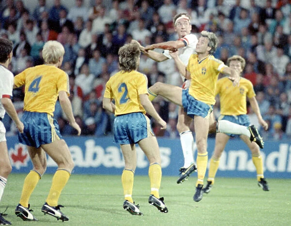 6 September 1989, Sweden v England. Terry Butcher seen here in defence during Englands