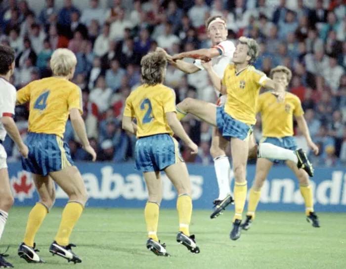 Framed Print : 6 September 1989, Sweden v England. Terry Butcher seen here in defence during Englands Framed Print : 6 September 1989, Sweden v England. Terry Butcher seen here in defence during Englands