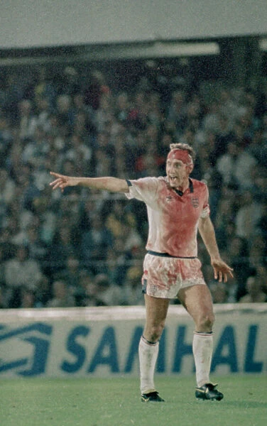 6 September 1989, Sweden v England. Terry Butcher seen here organising the defence