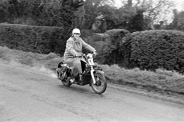 73-year-old Kathleen Squirrel riding her motorbike. 13th February 1968