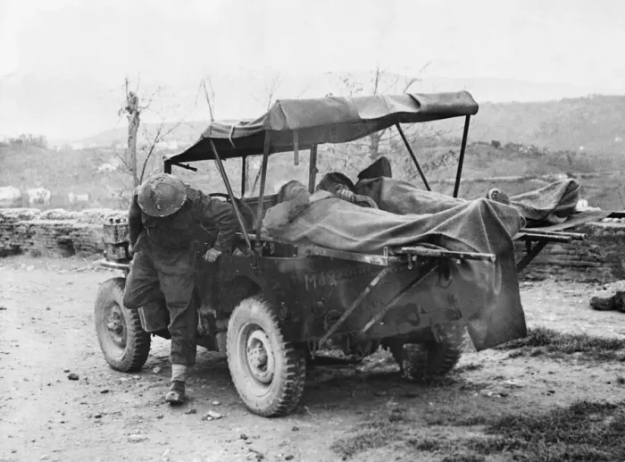 Framed Print : 8th Army Mobile Surgery in the field. (Picture) The jeep with stretchers strapped