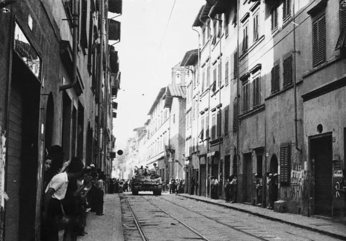 Framed Print : 8th Armys entrance into Florence. As our armour enters the city people come Framed Print : 8th Armys entrance into Florence. As our armour enters the city people come