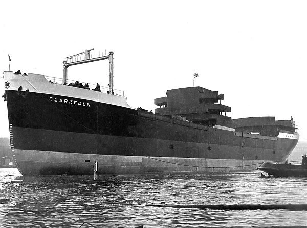 The 9, 300 ton motor ship Clarkeden afloat for the first time after her launch