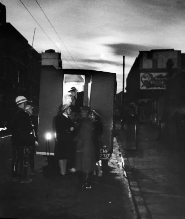 Framed Print : A. F. F. C W. Greene at control point outside the Royal Free Hospital, hit by flying bomb Framed Print : A. F. F. C W. Greene at control point outside the Royal Free Hospital, hit by flying bomb